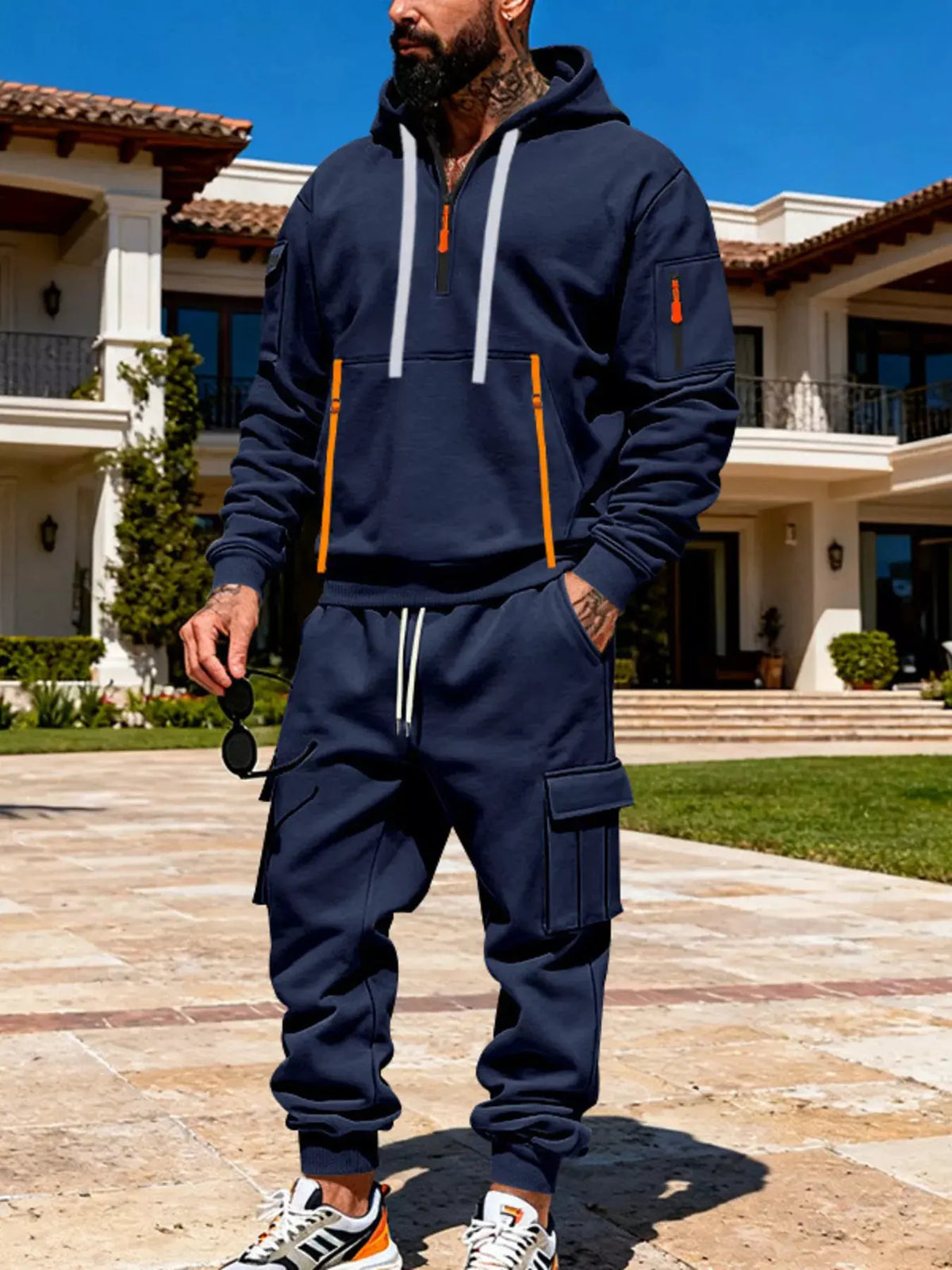 Men's Full Size Half Zip Hoodie and Cargo Pants Set Plus Size by Trendsi
