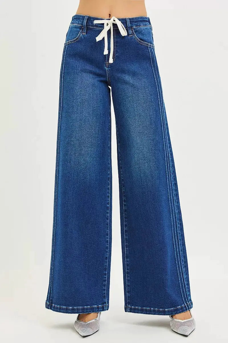 RISEN Full Size Mid Rise Wide Side Pintuck Jeans with Front Drawstring Plus Size by RISEN