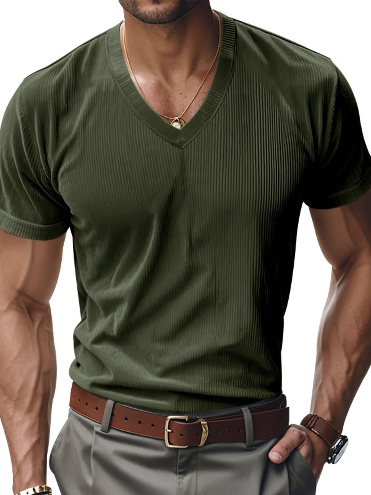 Men's Full Size Ribbed V-Neck T-Shirt Plus Size by Trendsi