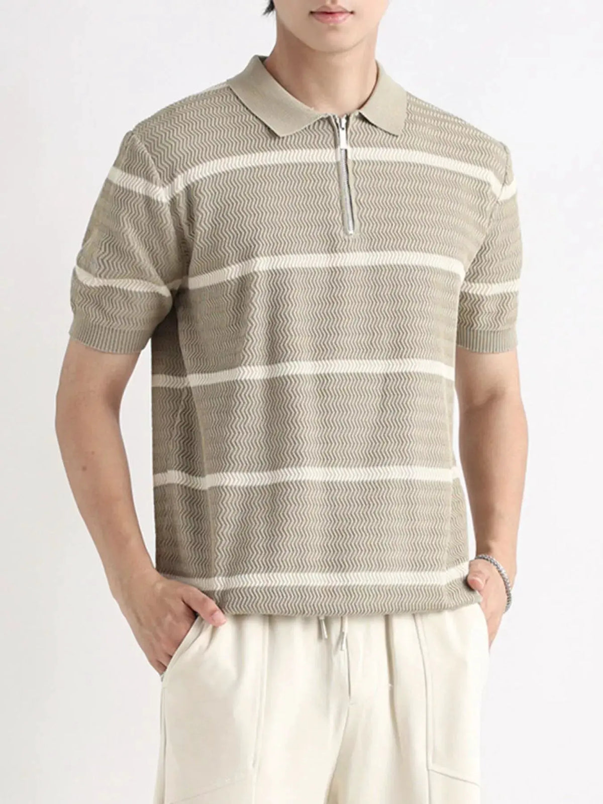Men's Plus Size Striped Zip-Up Knit Polo by POL