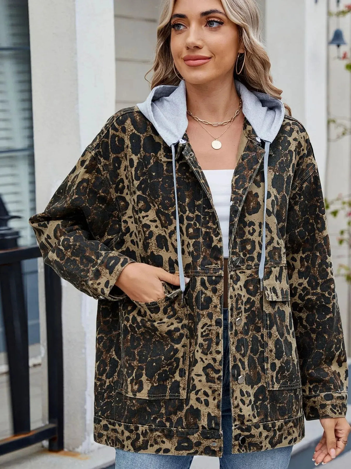 Oversized Button Up Denim Jacket with Hood by Partner Label