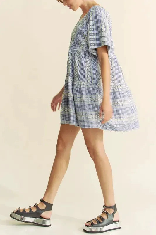 Davi & Dani Embroidered Stripe Ruffled Gingham Mini Dress by Davi & Dani