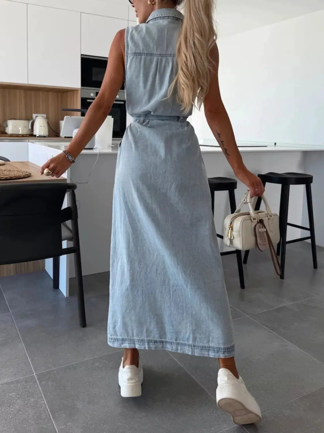 Button Front Sleeveless Denim Dress by Partner Label