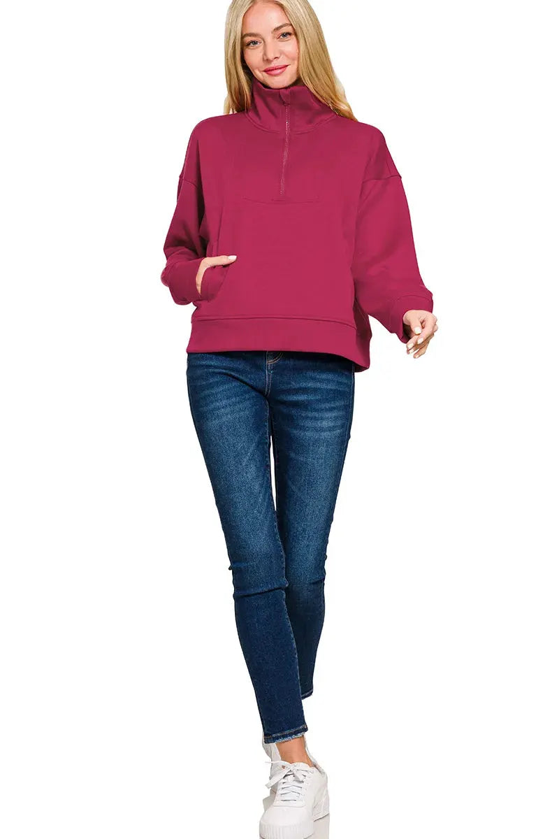 Zenana Scuba Half Zip Sweatshirt with Pockets by Zenana