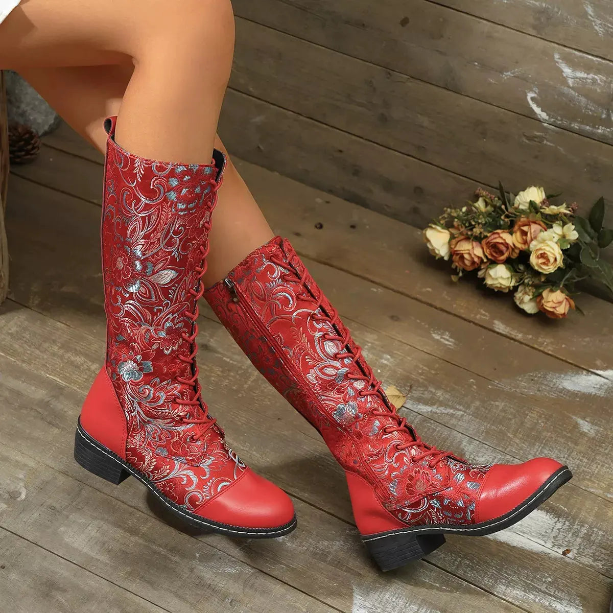Embroidered Lace-Up Block Heel Boots by Partner Label