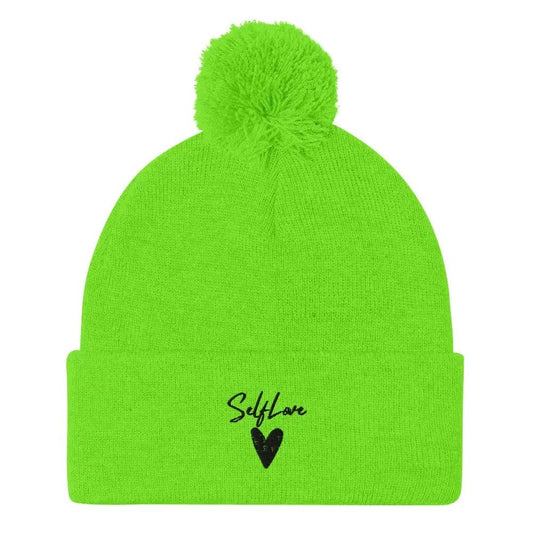 Self Love Pom-Pom Beanie - Women's Beanie with Embroidery by Maiden-Art