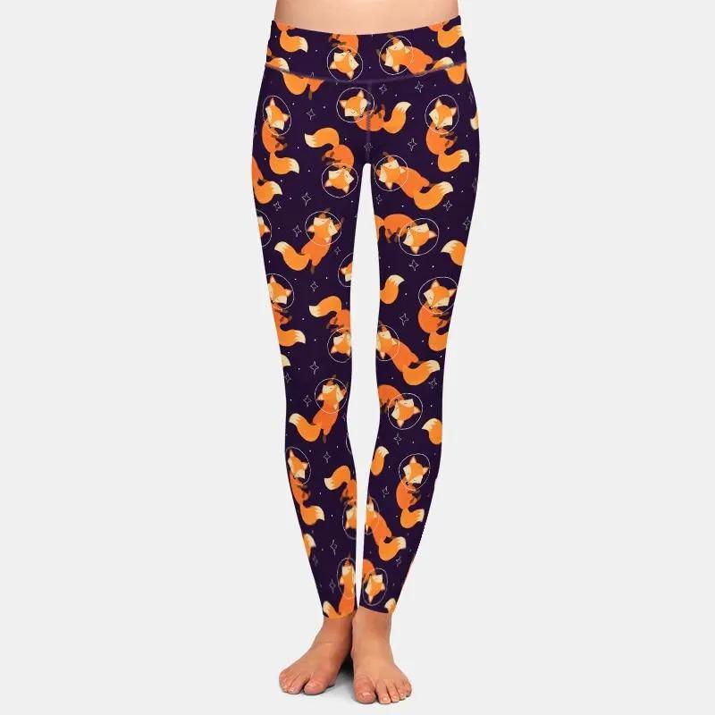 Fashion Cartoon Fox Print Girls Leggings High Waist High Elastic 220gsm Double Side Brushed Milk Silk by Vimost Shop