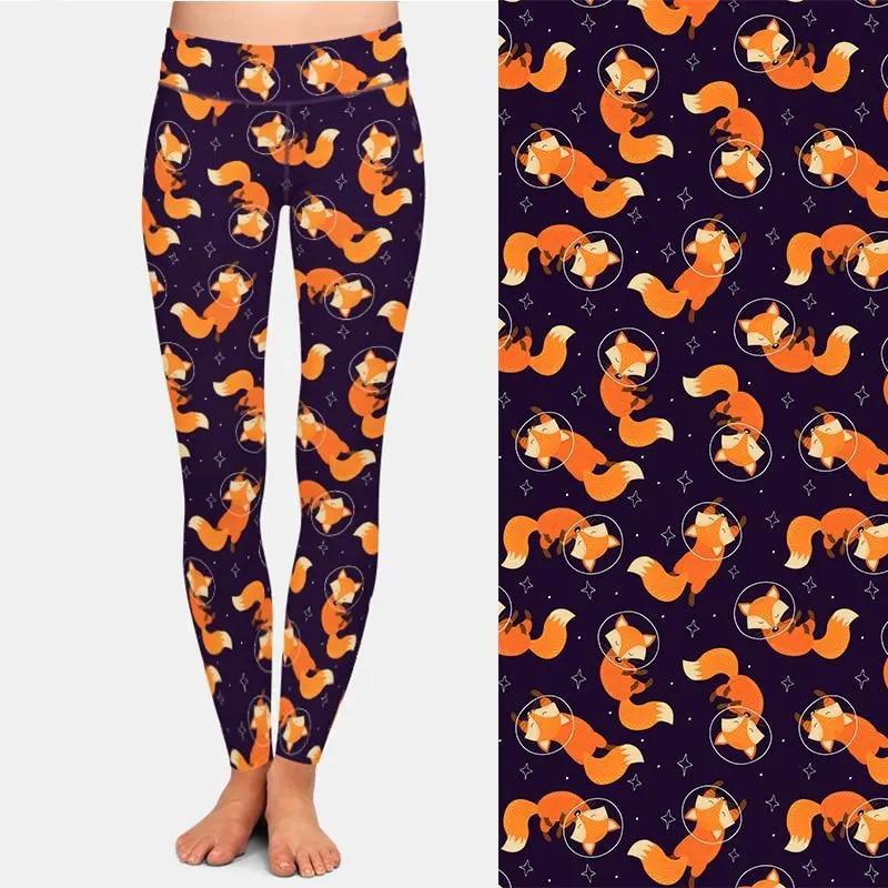 Fashion Cartoon Fox Print Girls Leggings High Waist High Elastic 220gsm Double Side Brushed Milk Silk by Vimost Shop
