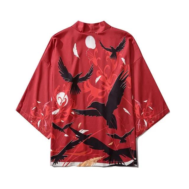 Japanese Crow Print Kimonos Streerwear Yukata Women Haori Harajuku Kimono Robe Cardigan Men Red Asian Clothes by Vimost Shop