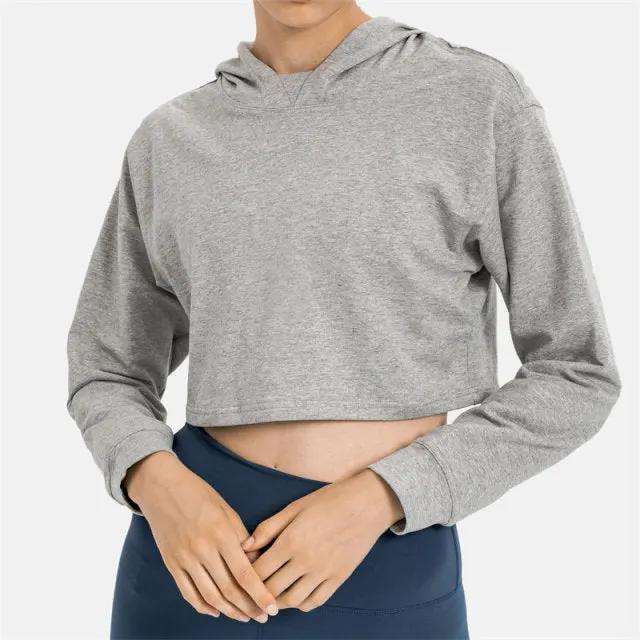 Women Workout Crop Hoodie Long Sleeve Sweatshirt Casual Pullove Sport Top Fitness Women by Vimost Shop