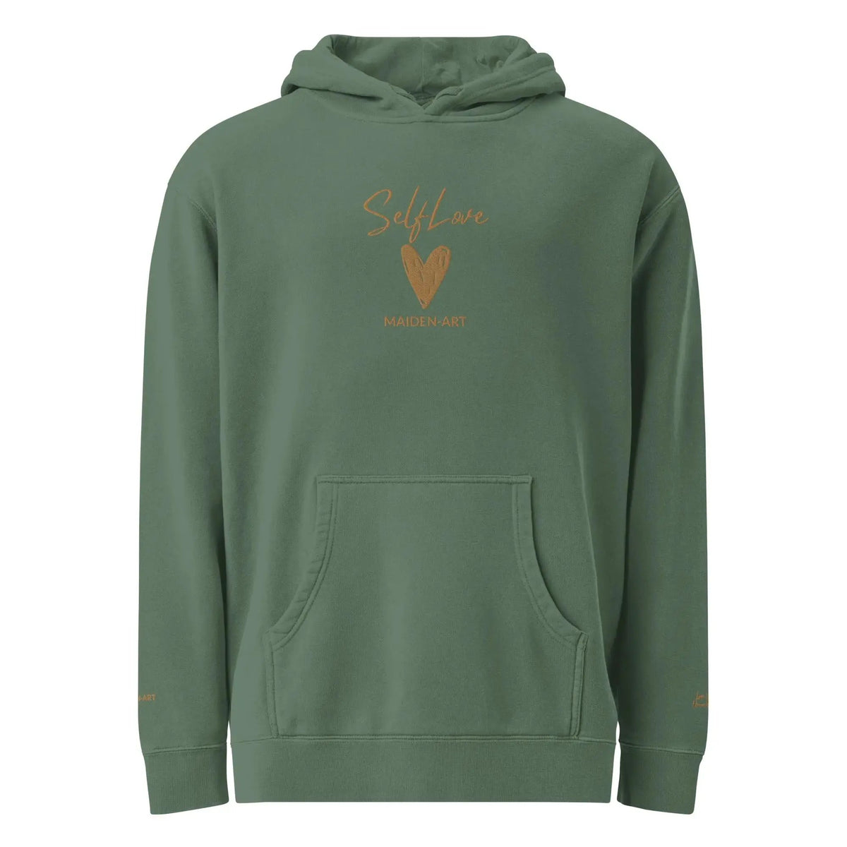 Self Love Unisex pigment-dyed hoodie with Old Gold Embroidery | fashion hoodie by Maiden-Art