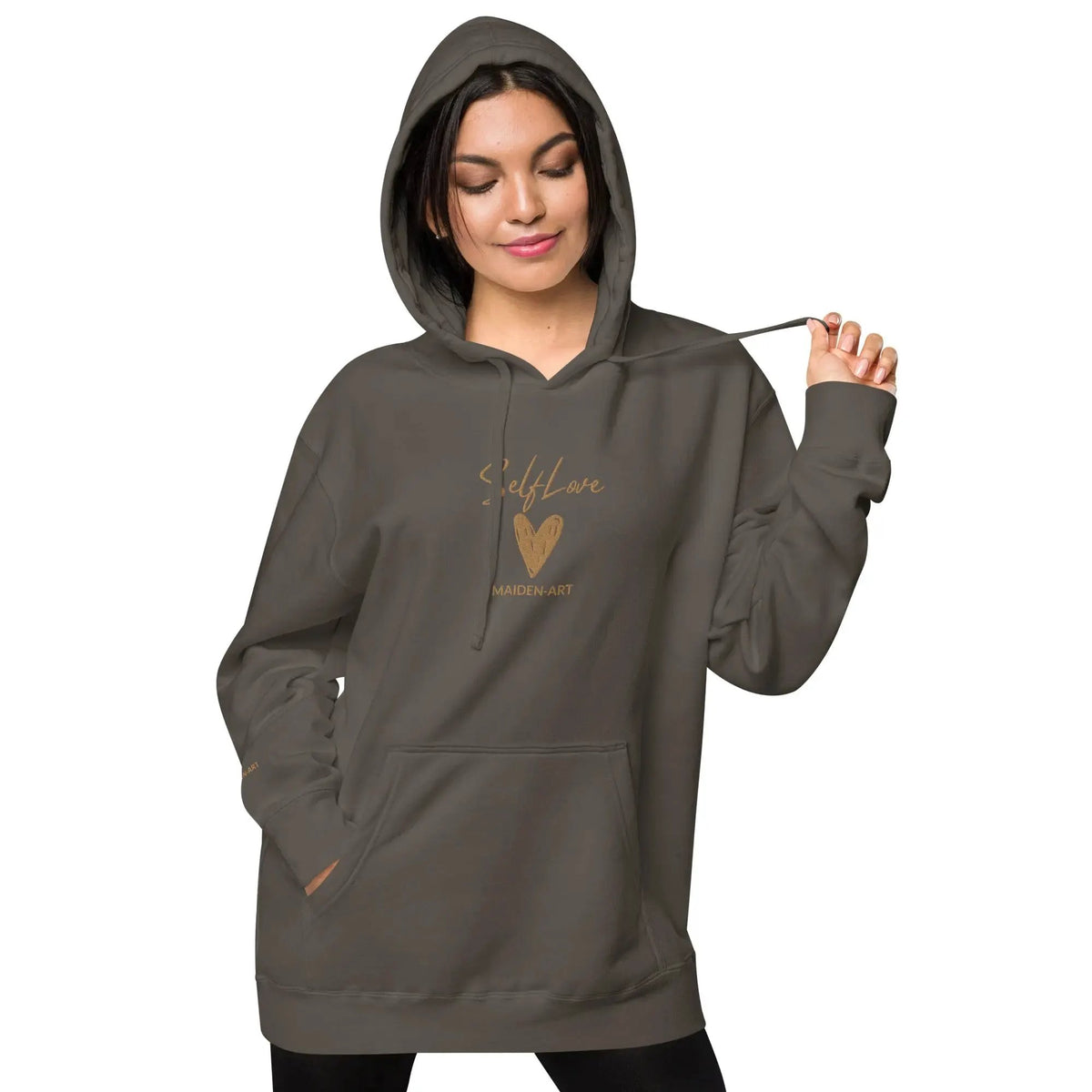 Self Love Unisex pigment-dyed hoodie with Old Gold Embroidery | fashion hoodie by Maiden-Art
