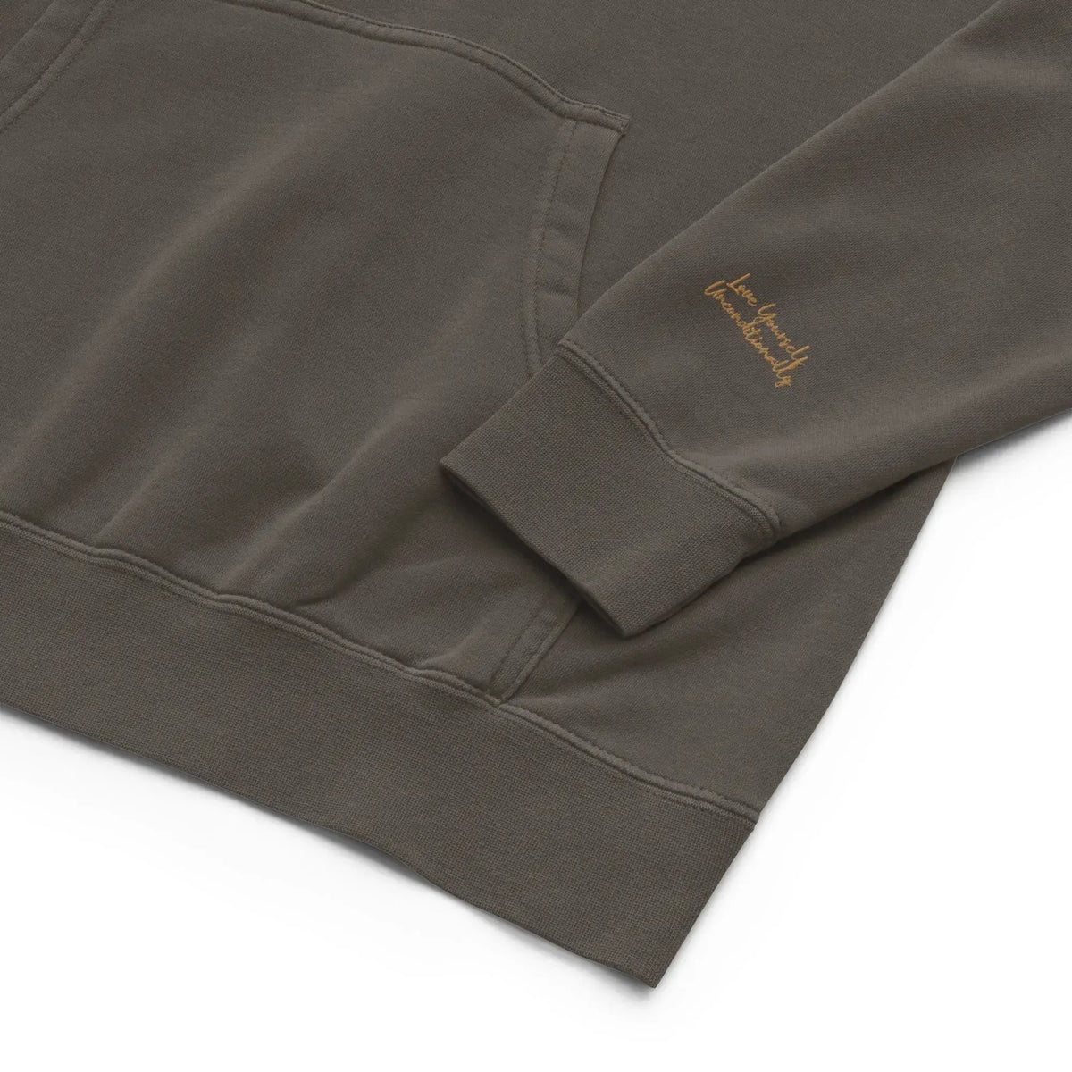 Self Love Unisex pigment-dyed hoodie with Old Gold Embroidery | fashion hoodie by Maiden-Art
