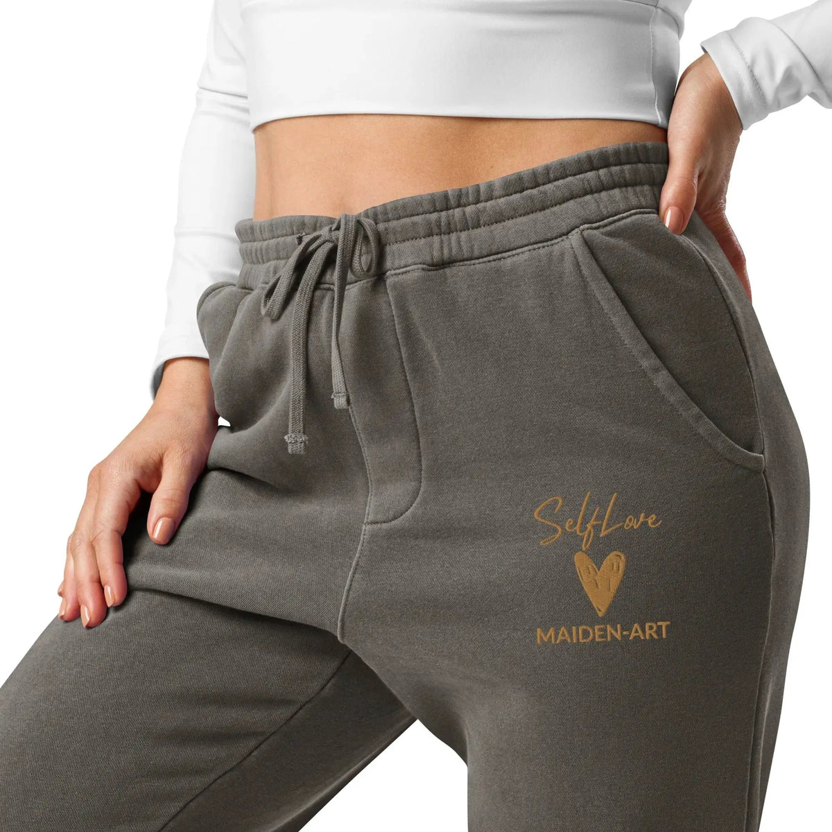 Self Love Unisex pigment-dyed sweatpants with Old Gold Embroidery - unisex sweatpants by Maiden-Art