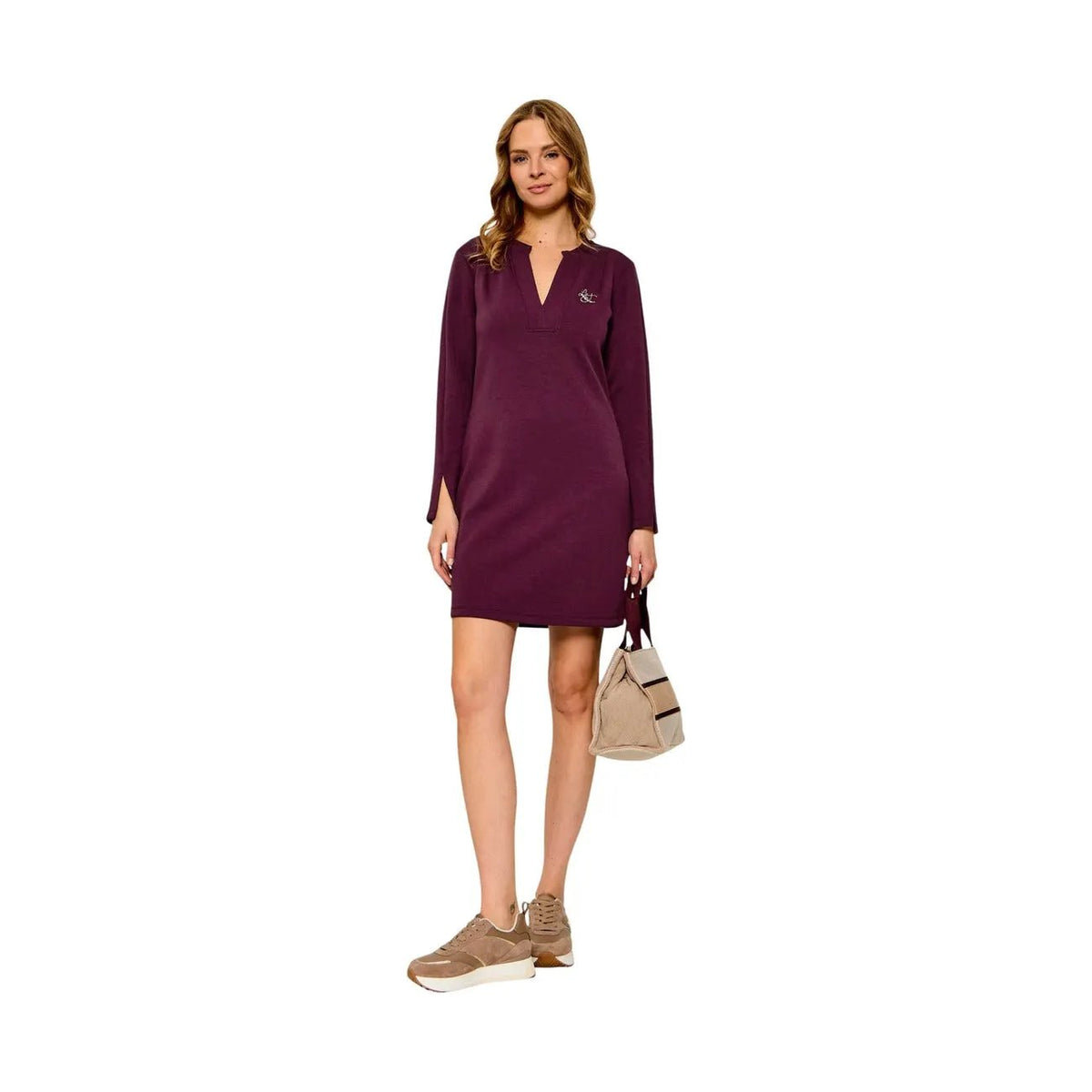 Liu Jo Women Bordeaux Long Sleeve Deep V Neck Comfortable Dress by Liu Jo