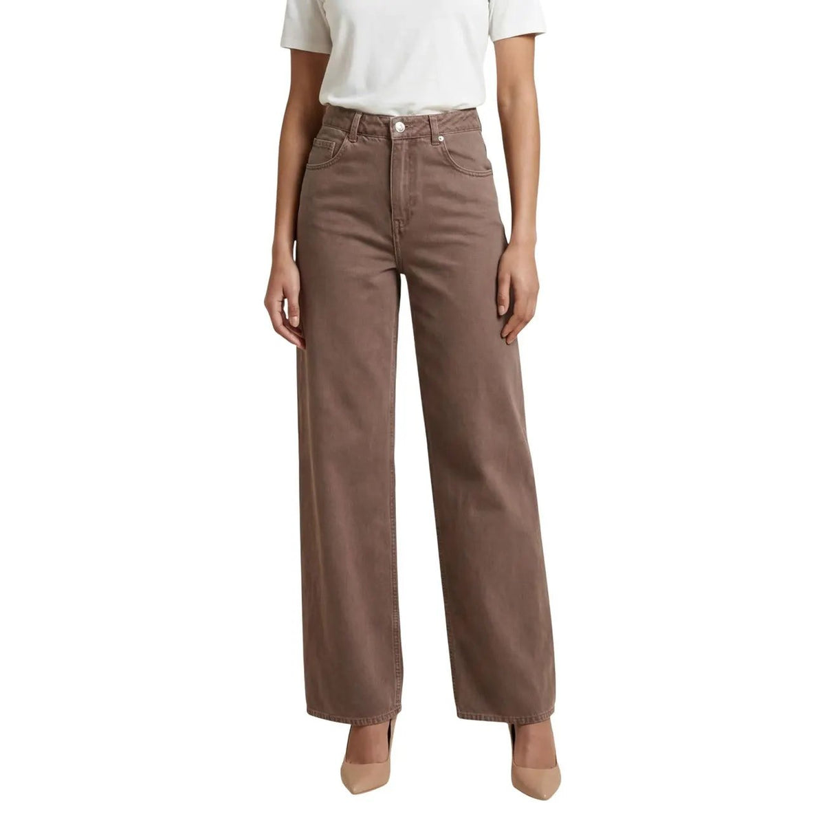 Only Women Brown Wide Leg Jeans High Waist Pure Cotton Comfort Fit by Only